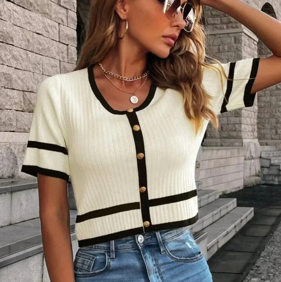 Knit Mix Striped Button Front Knit Top - Picture 1 of 4